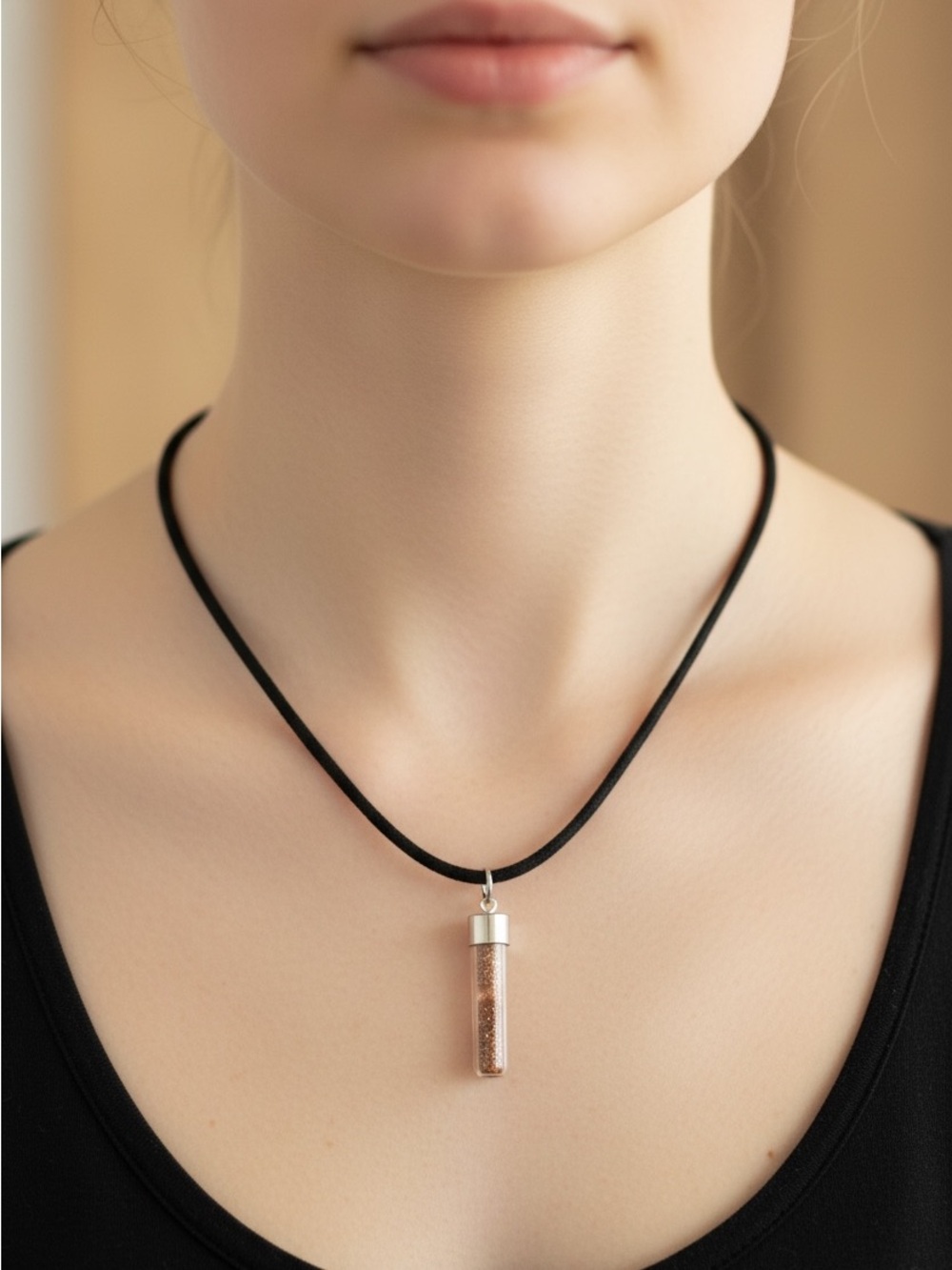 Glass Vial Pendant Necklace in Rose Gold with Black Cord